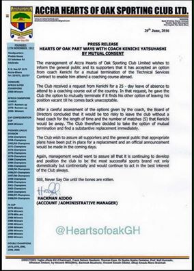 Hearts of Oak Press release confirms the sack
