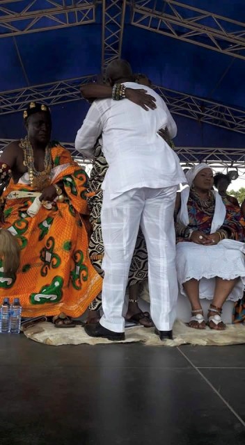 President Mahama hugs Nene Abram Akuaku III, paramount chief of Ada Traditional Area