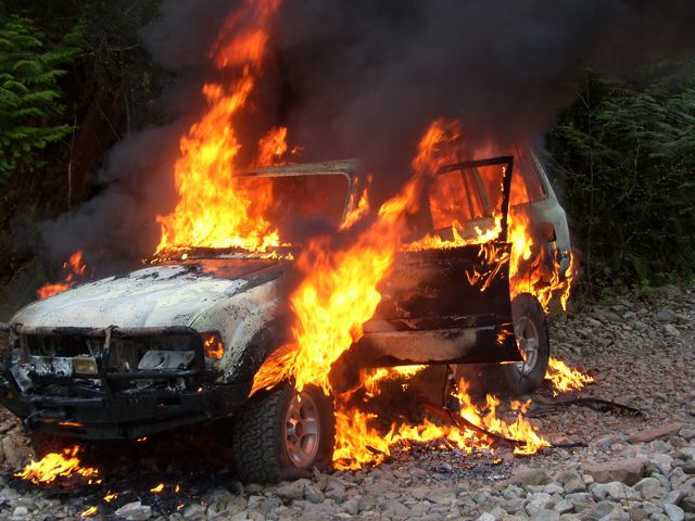 A Toyota 4x4 car of Mr. larry was burnt down into ashes and his residence vandalised