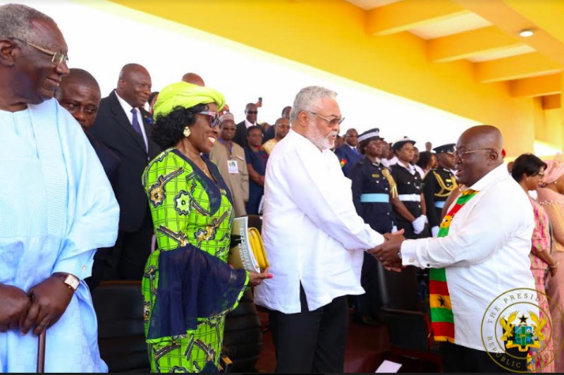 President Akufo-Addo greets ex-president Jerry Rawlings with former First Lady, Nana Konadu Agyemang Rawlings and former President, John Kufuor looking on
