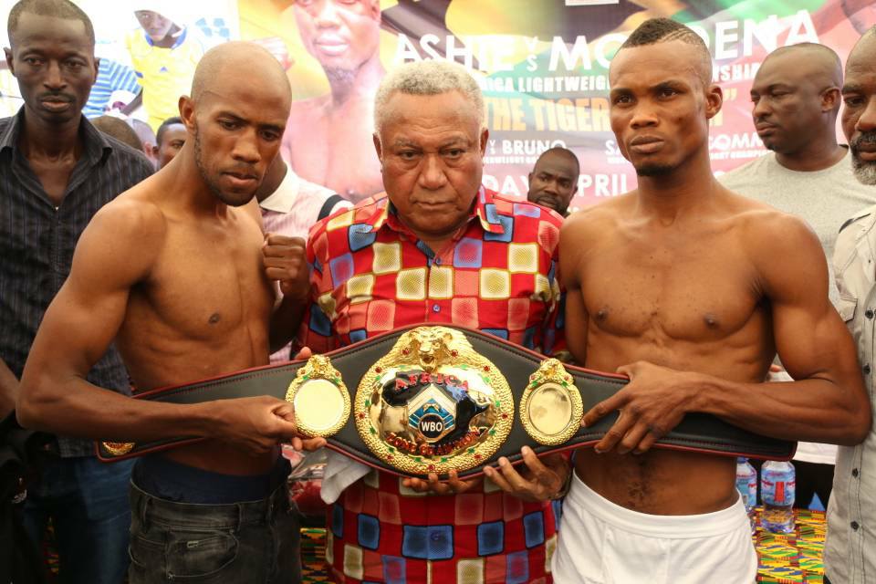 Ashie (right) and Mokoena flank WBO Africa boss, Samir Captan at Thursday;s weigh-in