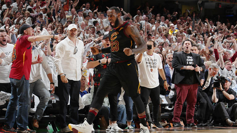 CLEVELAND, OH - MAY 25: LeBron James #23 of the Cleveland Cavaliers reacts during the game against the Boston Celtics during Game Six of the Eastern Conference Finals of the 2018 NBA Playoffs on May 25, 2018 at Quicken Loans Arena in Cleveland, Ohio. NOTE TO USER: User expressly acknowledges and agrees that, by downloading and or using this Photograph, user is consenting to the terms and conditions of the Getty Images License Agreement. Mandatory Copyright Notice: Copyright 2018 NBAE (Photo by Nathaniel S. Butler/NBAE via Getty Images)