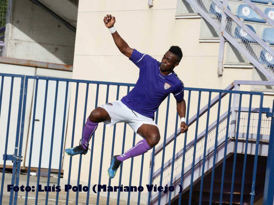 Man on a high: Adolf Otibo celebrates his goal Tomelloso
